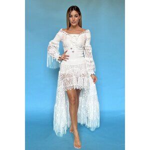 ANTICA SARTORIA HIGH LOW DRESS OFF SHOULDER  FRINGES GORGEOUS O/S
